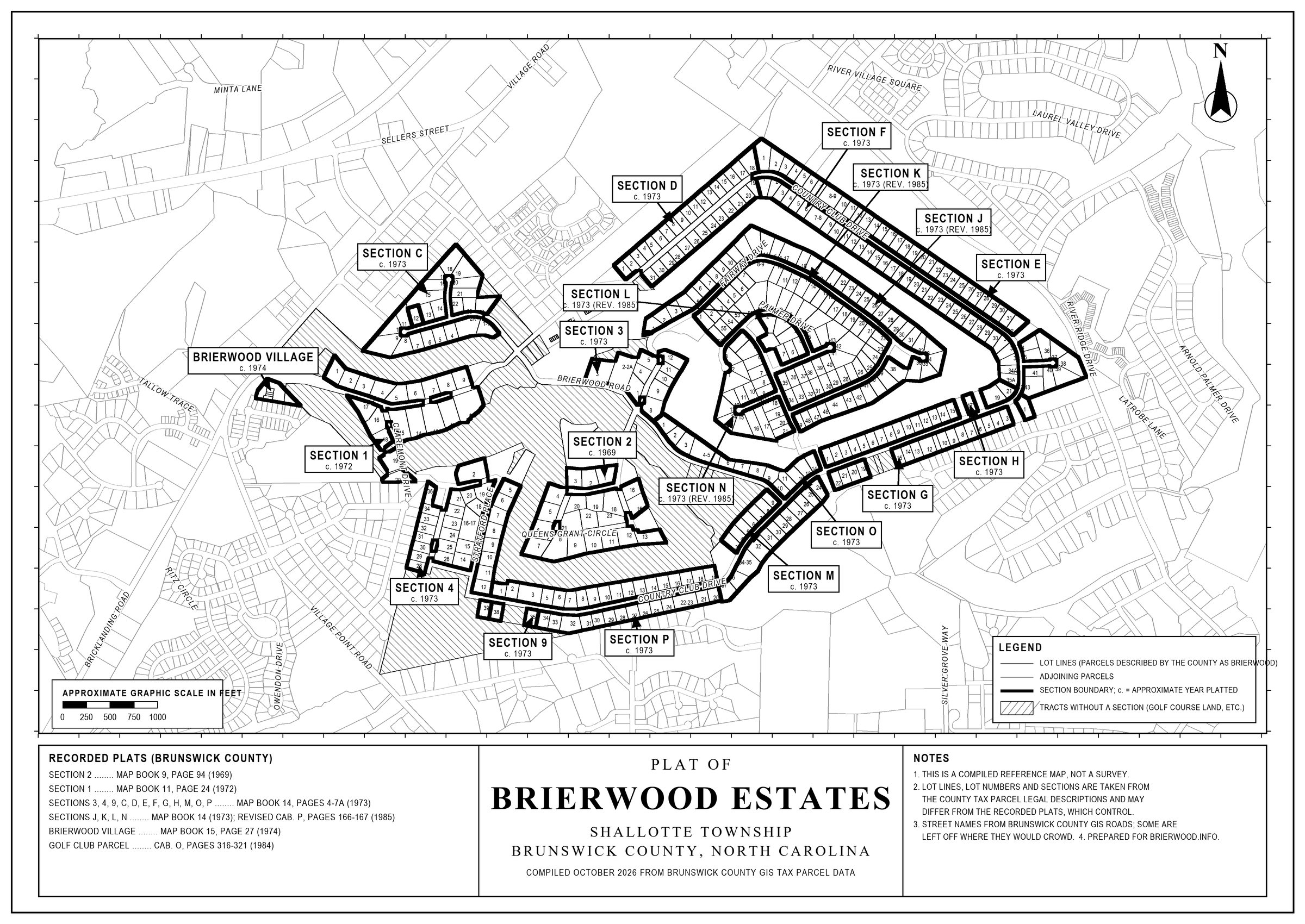 Plat-style map of Brierwood Estates with its sections and their approximate years